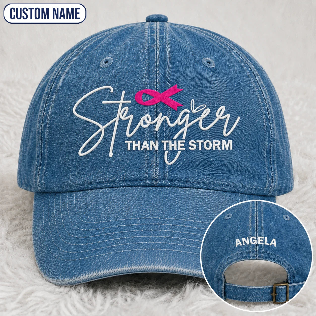Personalized Stronger Than The Storm Pink Ribbon Embroidered Washed Cap, Awareness Gift