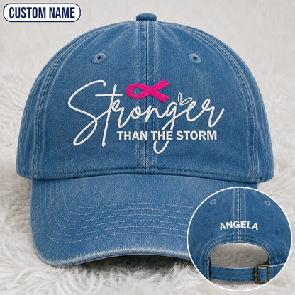 Personalized Stronger Than The Storm Pink Ribbon Embroidered Washed Cap, Awareness Gift