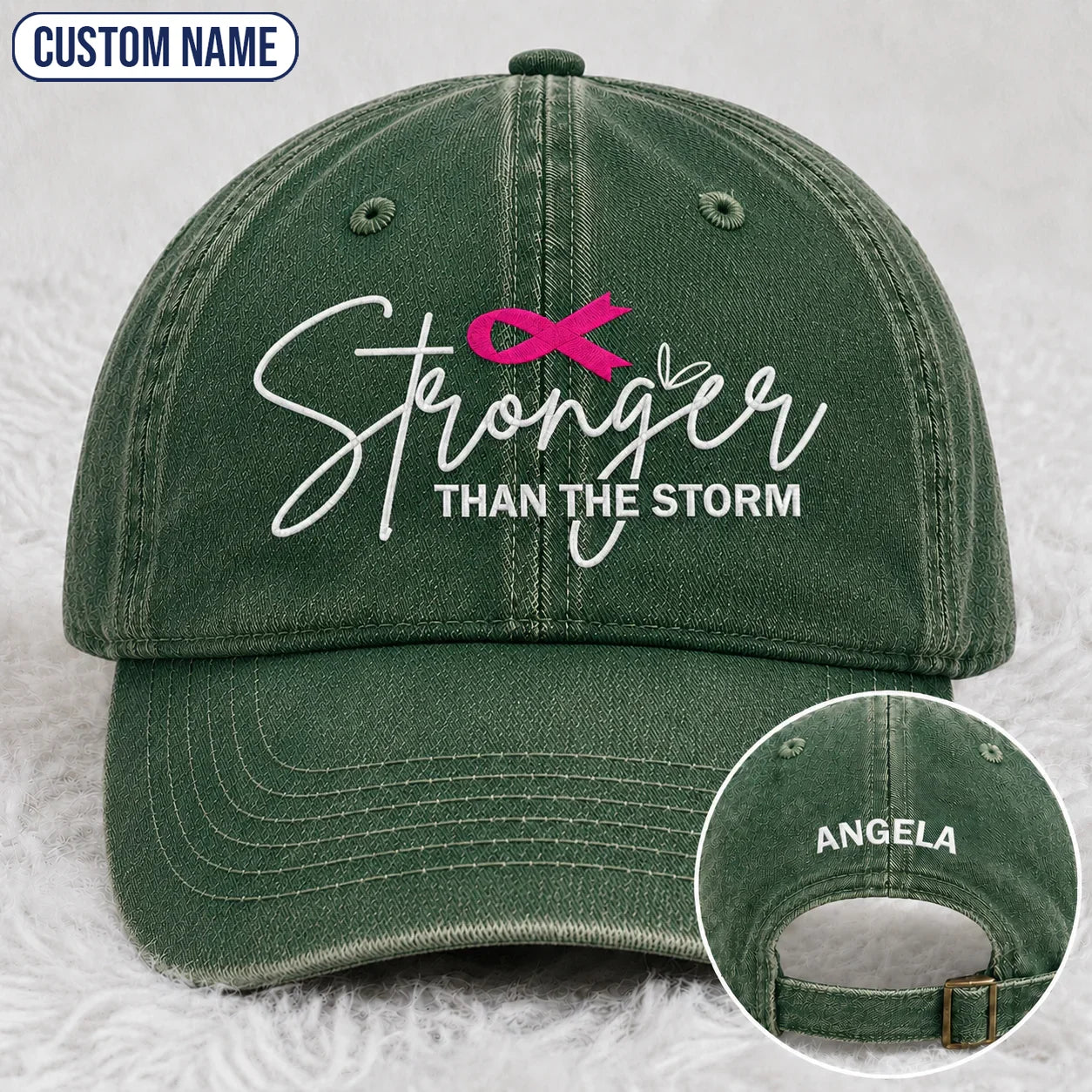 Personalized Stronger Than The Storm Pink Ribbon Embroidered Washed Cap, Awareness Gift