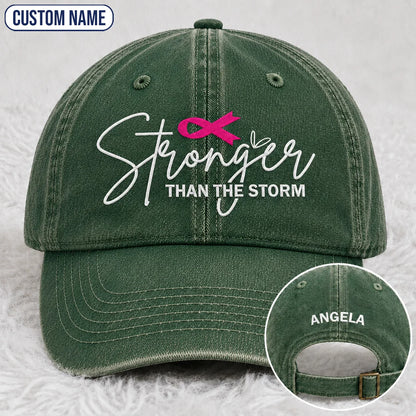 Personalized Stronger Than The Storm Pink Ribbon Embroidered Washed Cap, Awareness Gift