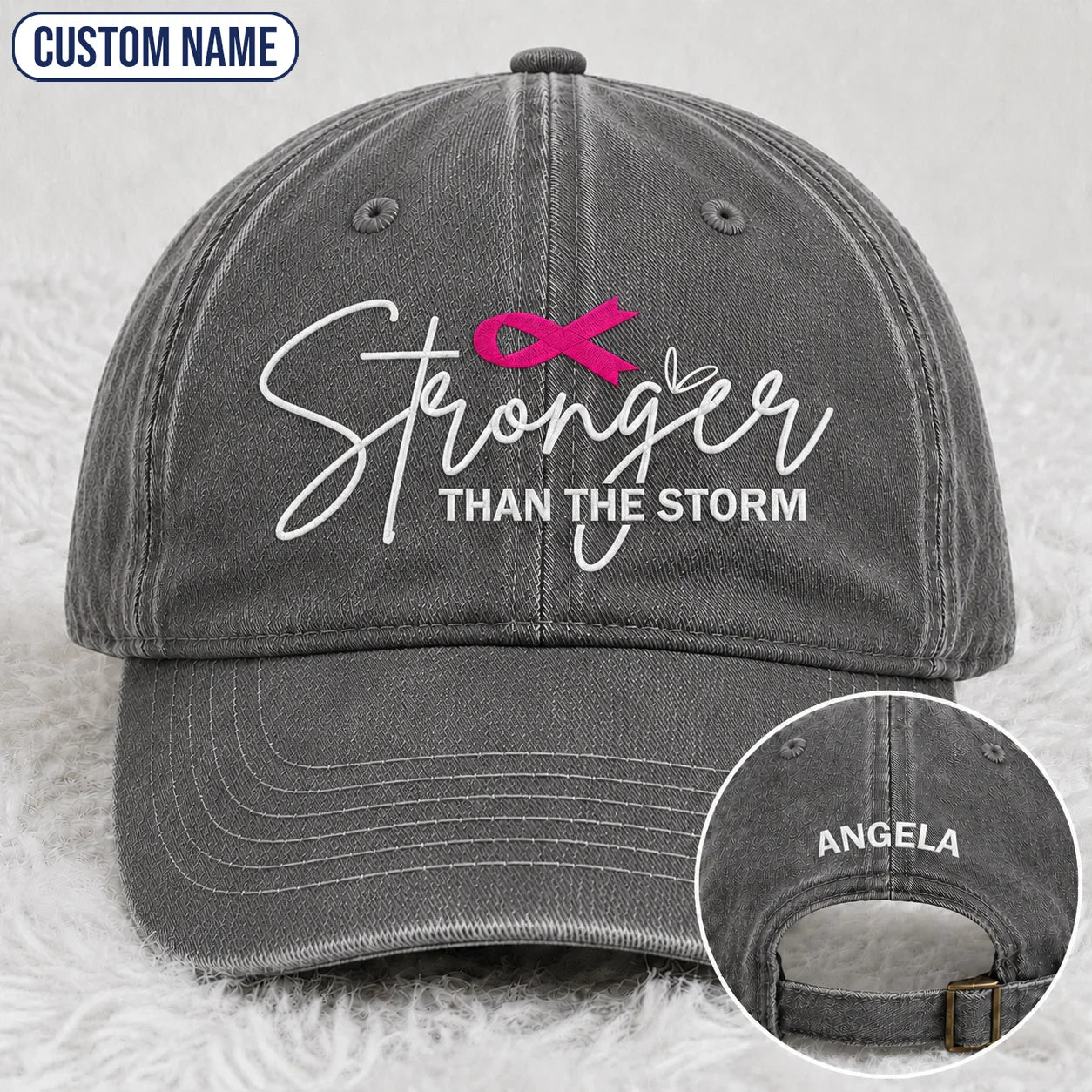 Personalized Stronger Than The Storm Pink Ribbon Embroidered Washed Cap, Awareness Gift
