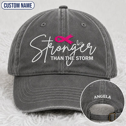 Personalized Stronger Than The Storm Pink Ribbon Embroidered Washed Cap, Awareness Gift
