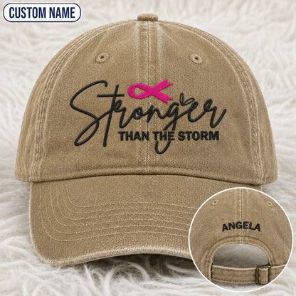 Personalized Stronger Than The Storm Pink Ribbon Embroidered Washed Cap, Awareness Gift
