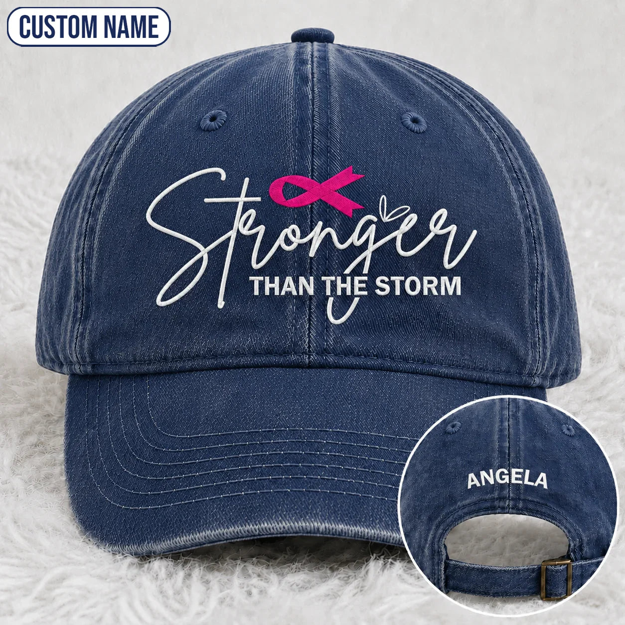 Personalized Stronger Than The Storm Pink Ribbon Embroidered Washed Cap, Awareness Gift