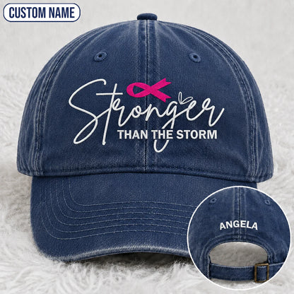 Personalized Stronger Than The Storm Pink Ribbon Embroidered Washed Cap, Awareness Gift