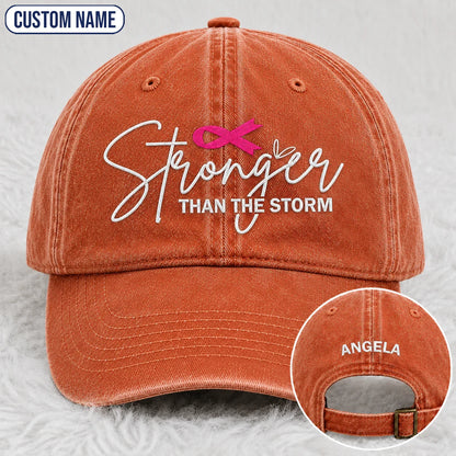Personalized Stronger Than The Storm Pink Ribbon Embroidered Washed Cap, Awareness Gift