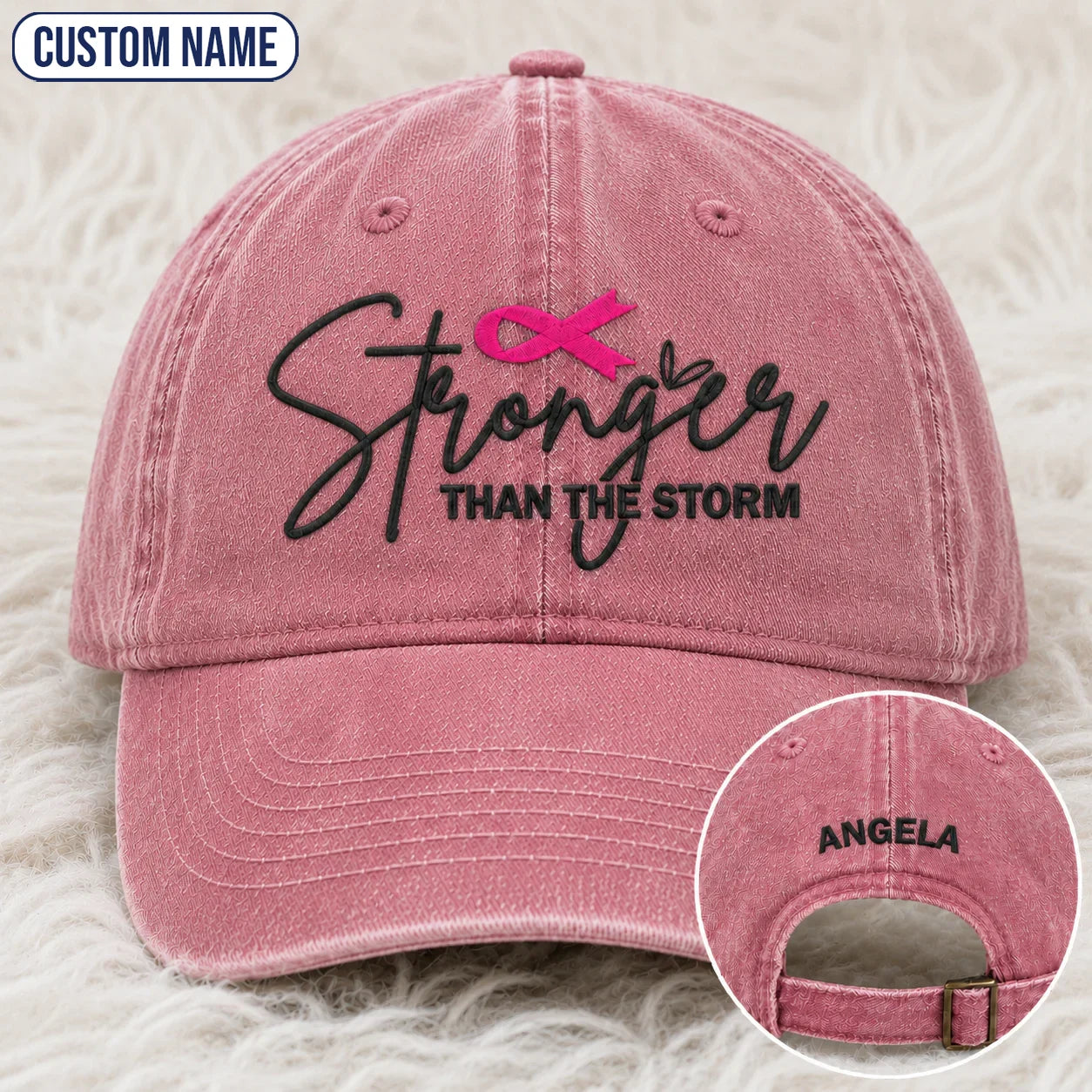 Personalized Stronger Than The Storm Pink Ribbon Embroidered Washed Cap, Awareness Gift