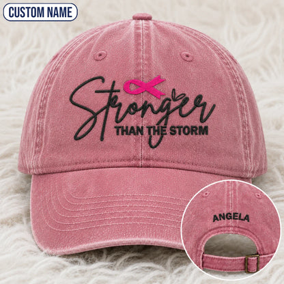 Personalized Stronger Than The Storm Pink Ribbon Embroidered Washed Cap, Awareness Gift