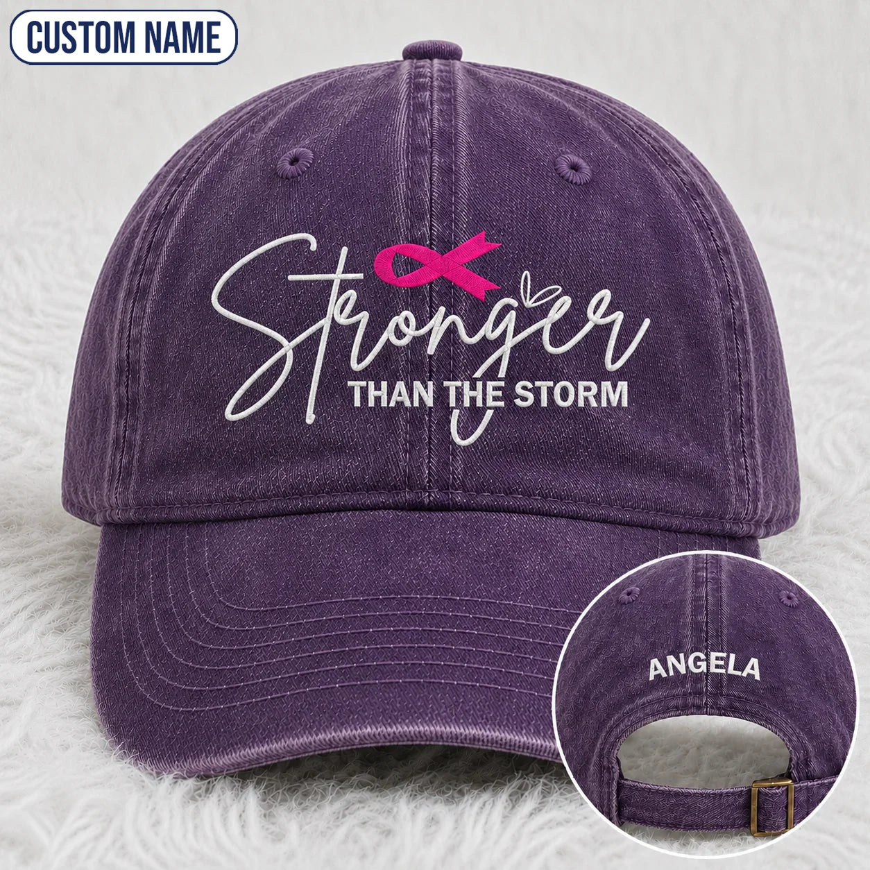 Personalized Stronger Than The Storm Pink Ribbon Embroidered Washed Cap, Awareness Gift