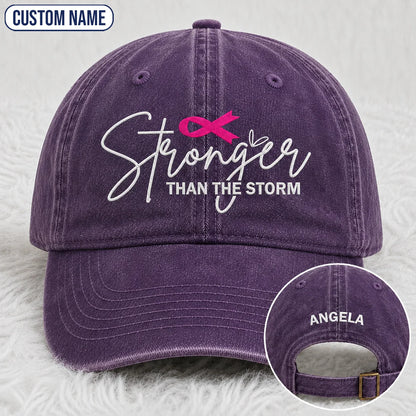 Personalized Stronger Than The Storm Pink Ribbon Embroidered Washed Cap, Awareness Gift