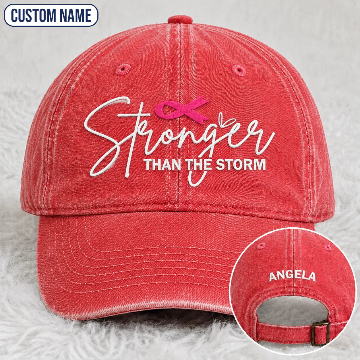 Personalized Stronger Than The Storm Pink Ribbon Embroidered Washed Cap, Awareness Gift