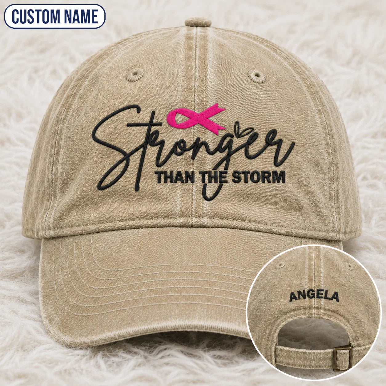 Personalized Stronger Than The Storm Pink Ribbon Embroidered Washed Cap, Awareness Gift