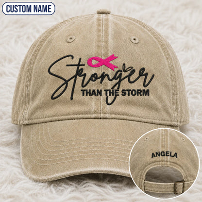 Personalized Stronger Than The Storm Pink Ribbon Embroidered Washed Cap, Awareness Gift