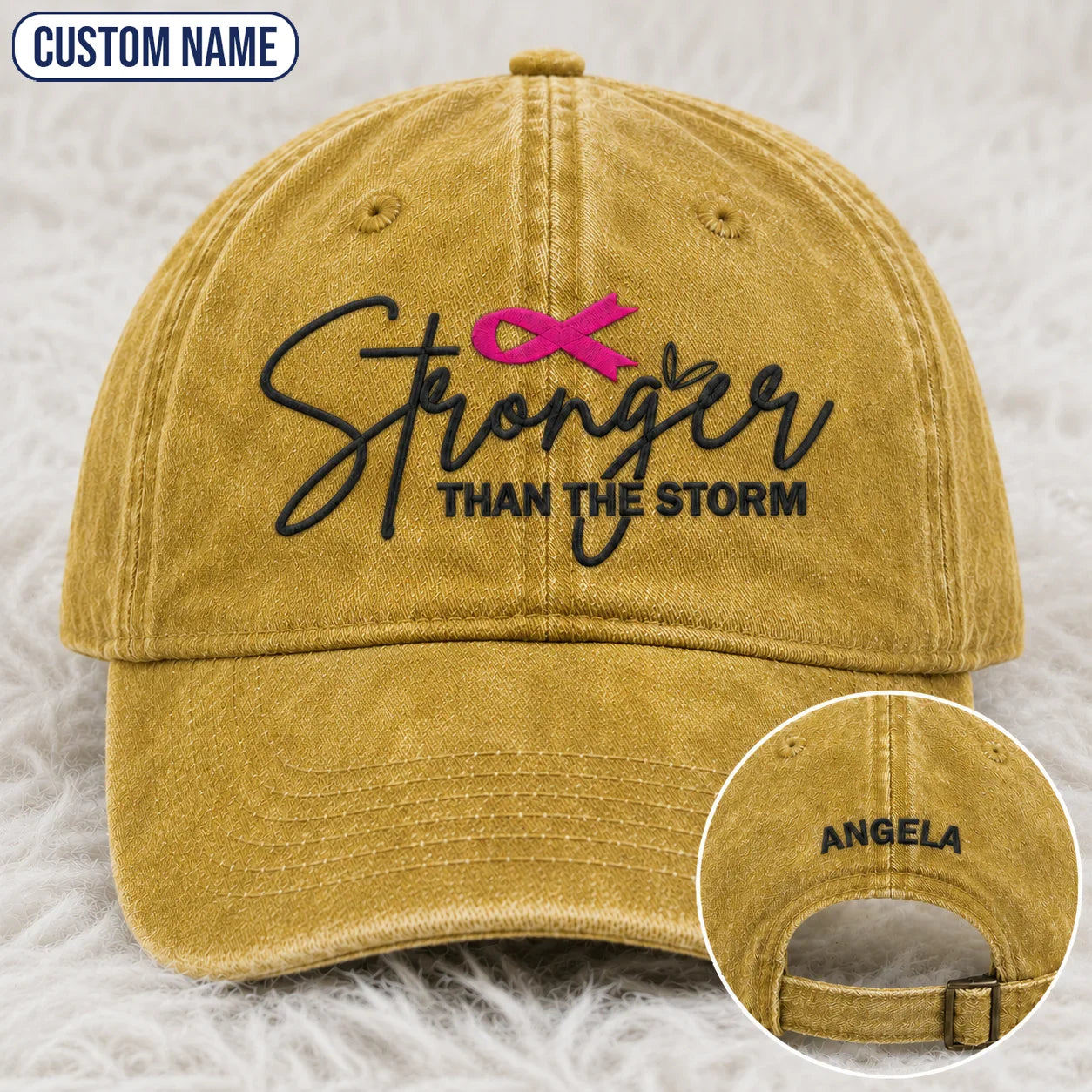 Personalized Stronger Than The Storm Pink Ribbon Embroidered Washed Cap, Awareness Gift