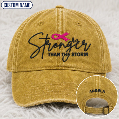 Personalized Stronger Than The Storm Pink Ribbon Embroidered Washed Cap, Awareness Gift