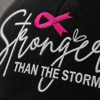 Personalized Stronger Than The Storm Pink Ribbon Embroidered Washed Cap, Awareness Gift