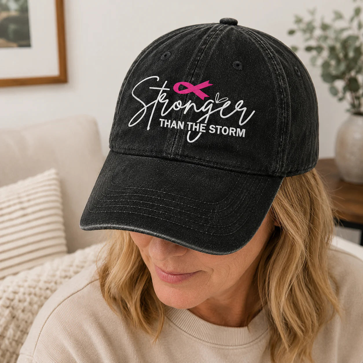 Personalized Stronger Than The Storm Pink Ribbon Embroidered Washed Cap, Awareness Gift