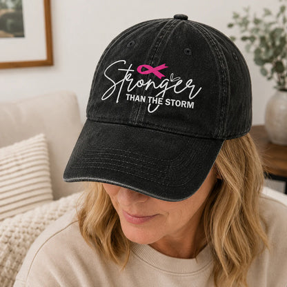 Personalized Stronger Than The Storm Pink Ribbon Embroidered Washed Cap, Awareness Gift