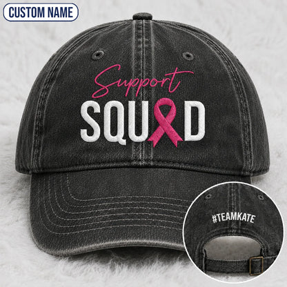 Personalized Support Squad Pink Ribbon Embroidered Washed Cap, Awareness Gift