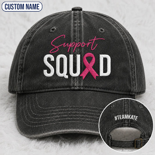 Personalized Support Squad Pink Ribbon Embroidered Washed Cap, Awareness Gift