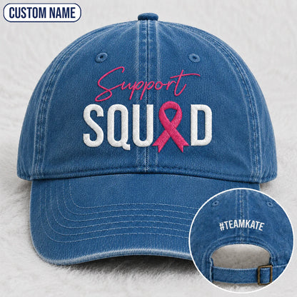 Personalized Support Squad Pink Ribbon Embroidered Washed Cap, Awareness Gift