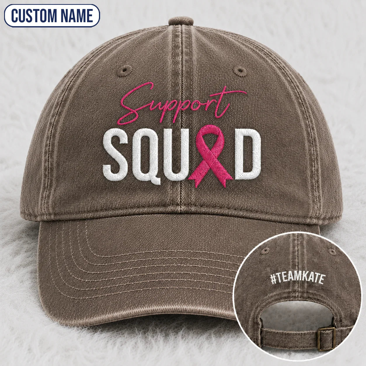 Personalized Support Squad Pink Ribbon Embroidered Washed Cap, Awareness Gift