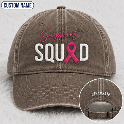 Personalized Support Squad Pink Ribbon Embroidered Washed Cap, Awareness Gift