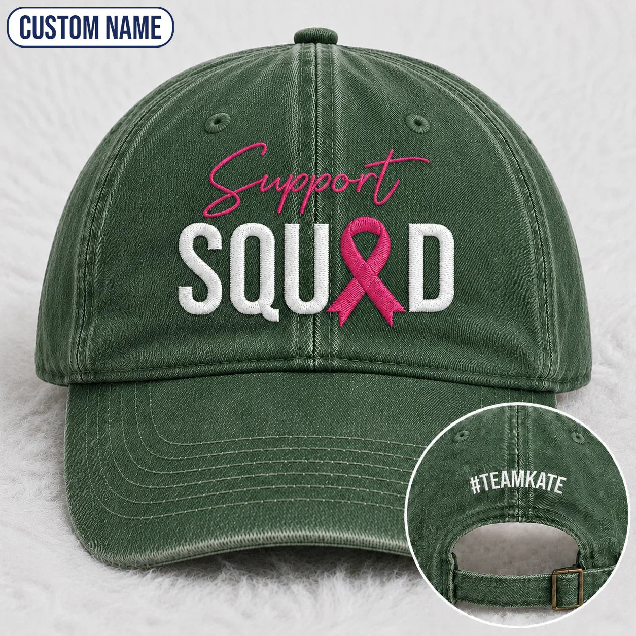 Personalized Support Squad Pink Ribbon Embroidered Washed Cap, Awareness Gift
