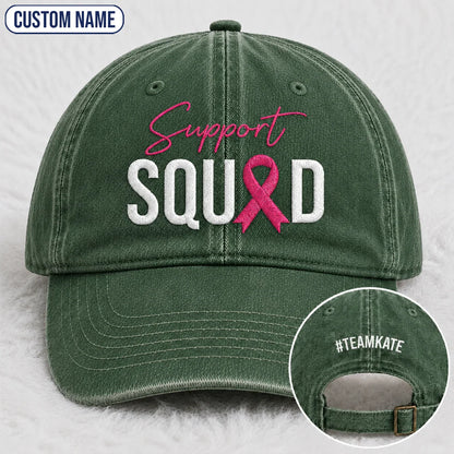 Personalized Support Squad Pink Ribbon Embroidered Washed Cap, Awareness Gift