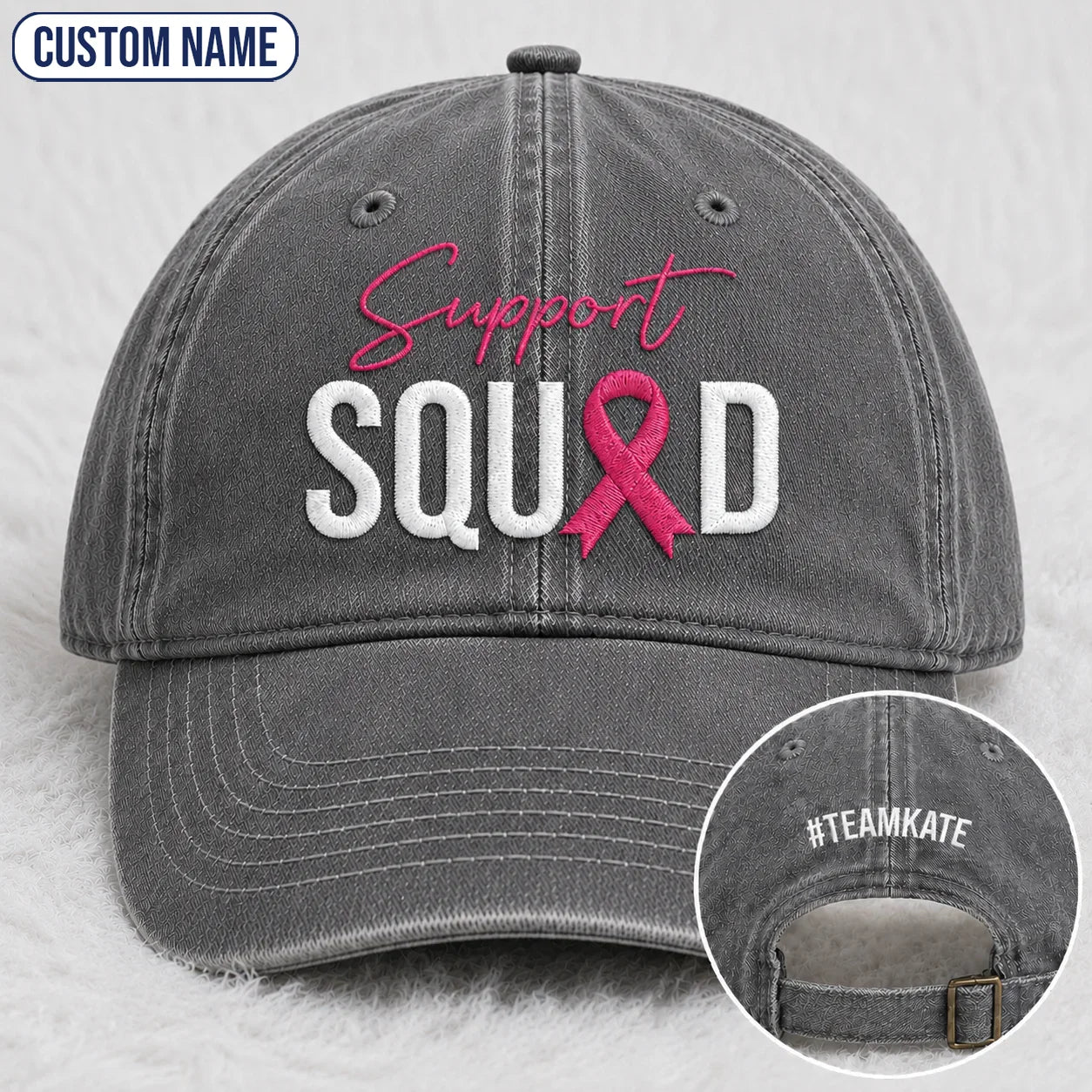 Personalized Support Squad Pink Ribbon Embroidered Washed Cap, Awareness Gift