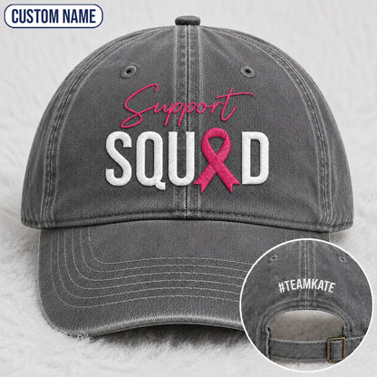Personalized Support Squad Pink Ribbon Embroidered Washed Cap, Awareness Gift