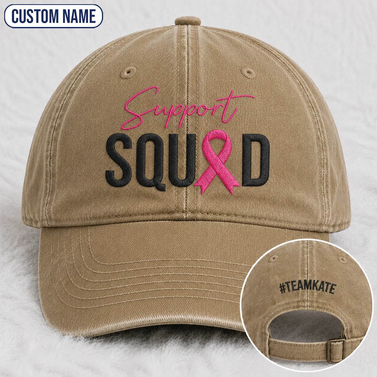 Personalized Support Squad Pink Ribbon Embroidered Washed Cap, Awareness Gift