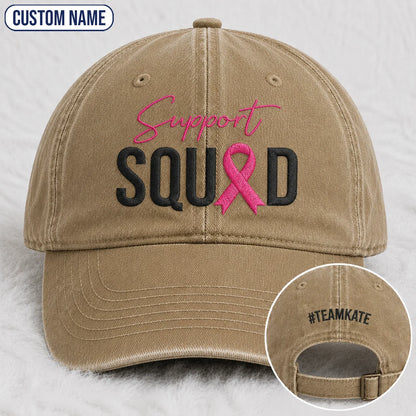 Personalized Support Squad Pink Ribbon Embroidered Washed Cap, Awareness Gift