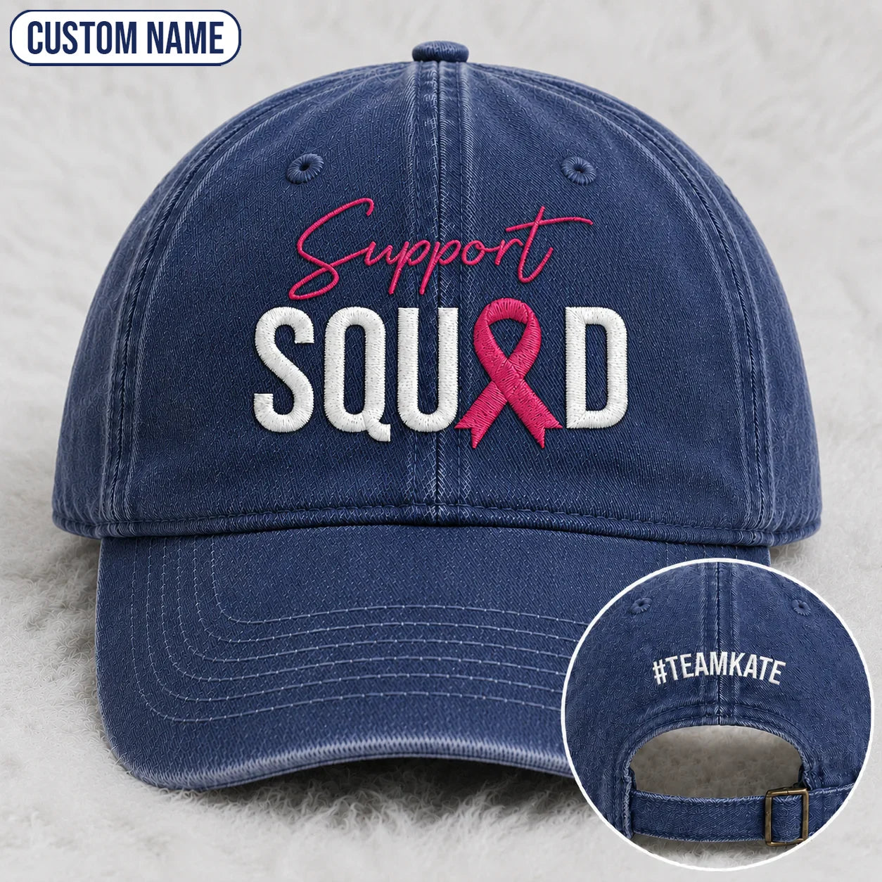 Personalized Support Squad Pink Ribbon Embroidered Washed Cap, Awareness Gift
