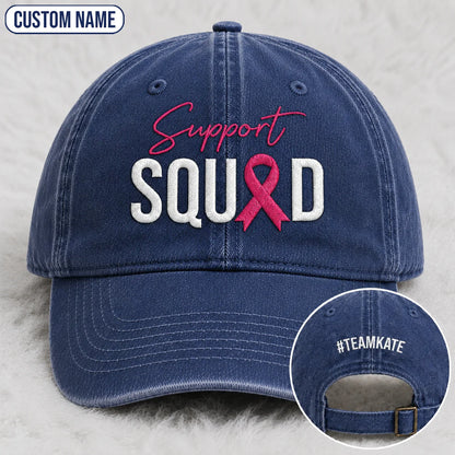 Personalized Support Squad Pink Ribbon Embroidered Washed Cap, Awareness Gift