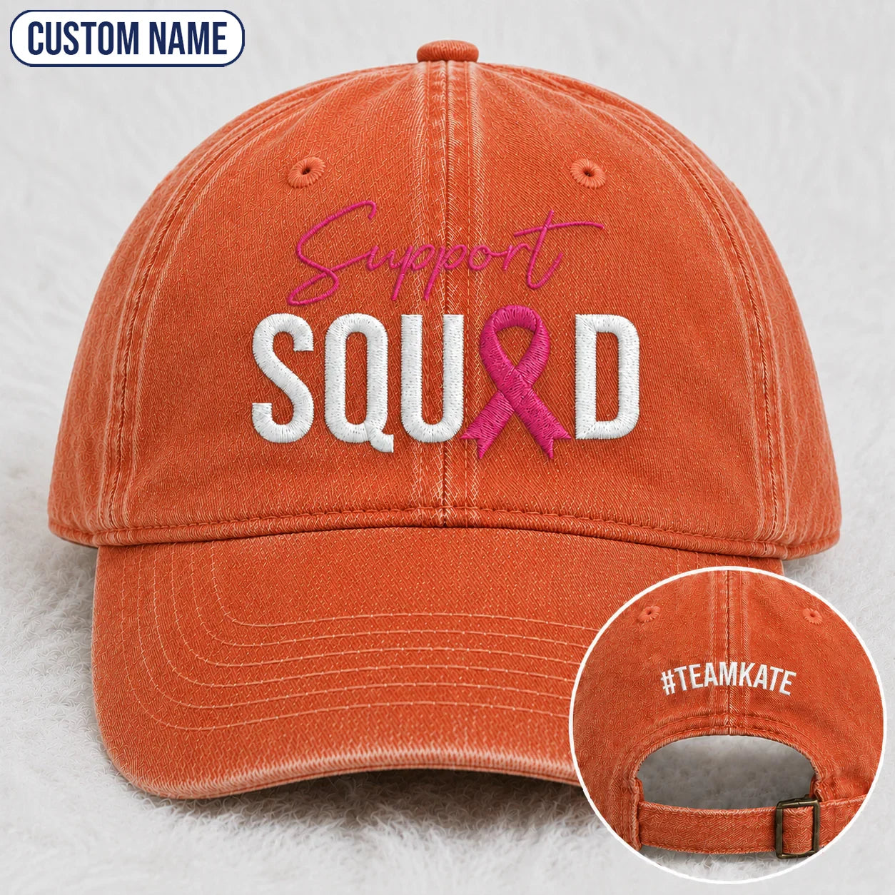 Personalized Support Squad Pink Ribbon Embroidered Washed Cap, Awareness Gift