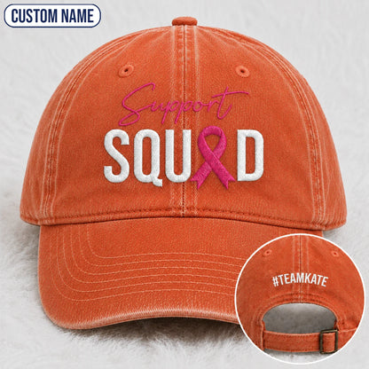Personalized Support Squad Pink Ribbon Embroidered Washed Cap, Awareness Gift