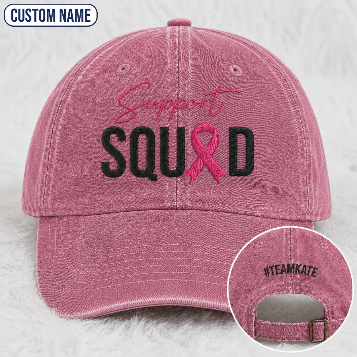Personalized Support Squad Pink Ribbon Embroidered Washed Cap, Awareness Gift