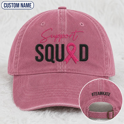 Personalized Support Squad Pink Ribbon Embroidered Washed Cap, Awareness Gift