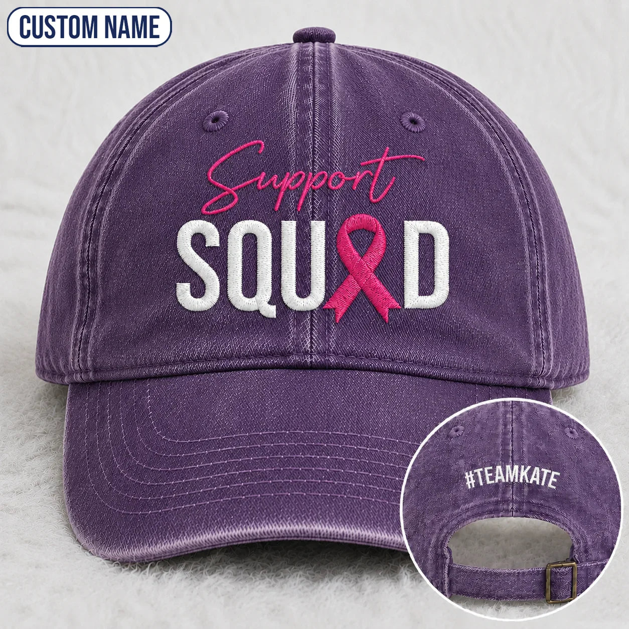 Personalized Support Squad Pink Ribbon Embroidered Washed Cap, Awareness Gift