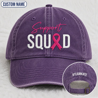 Personalized Support Squad Pink Ribbon Embroidered Washed Cap, Awareness Gift