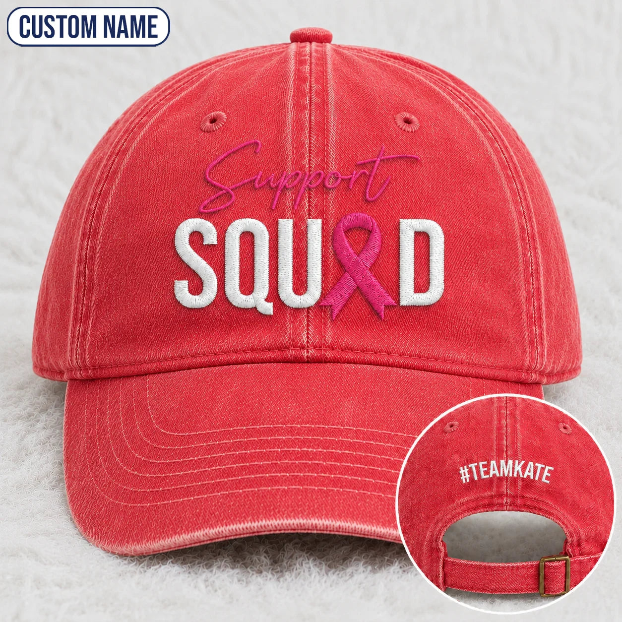 Personalized Support Squad Pink Ribbon Embroidered Washed Cap, Awareness Gift