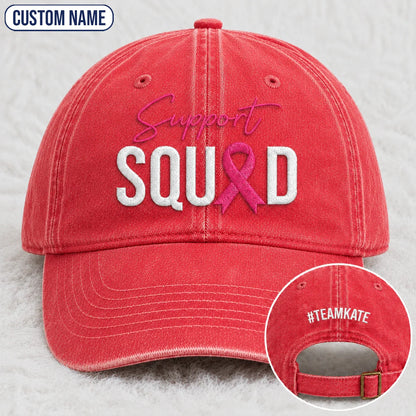 Personalized Support Squad Pink Ribbon Embroidered Washed Cap, Awareness Gift