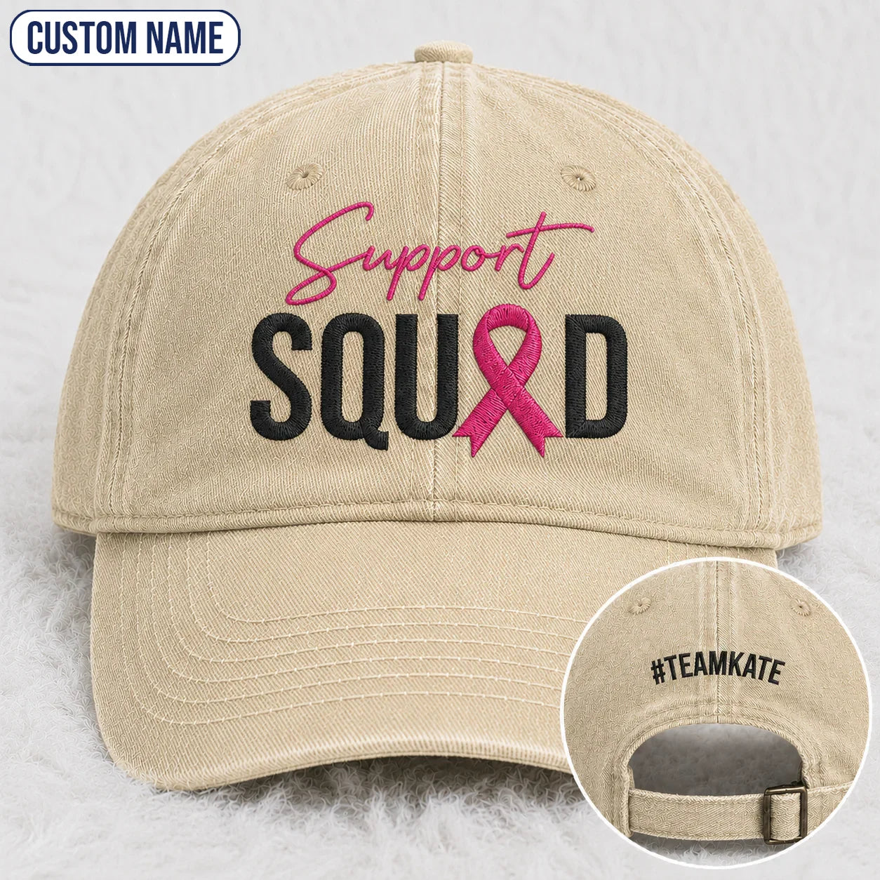 Personalized Support Squad Pink Ribbon Embroidered Washed Cap, Awareness Gift