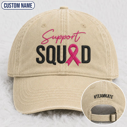 Personalized Support Squad Pink Ribbon Embroidered Washed Cap, Awareness Gift