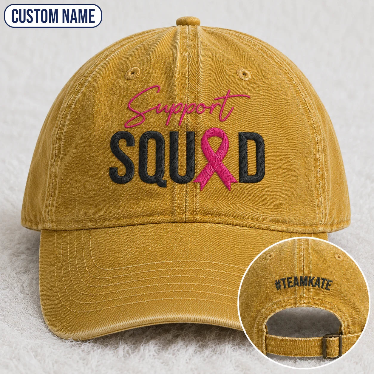 Personalized Support Squad Pink Ribbon Embroidered Washed Cap, Awareness Gift