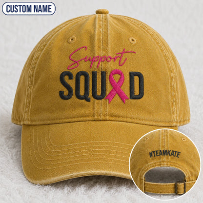 Personalized Support Squad Pink Ribbon Embroidered Washed Cap, Awareness Gift