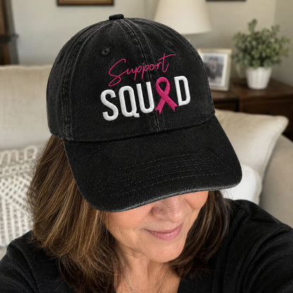 Personalized Support Squad Pink Ribbon Embroidered Washed Cap, Awareness Gift