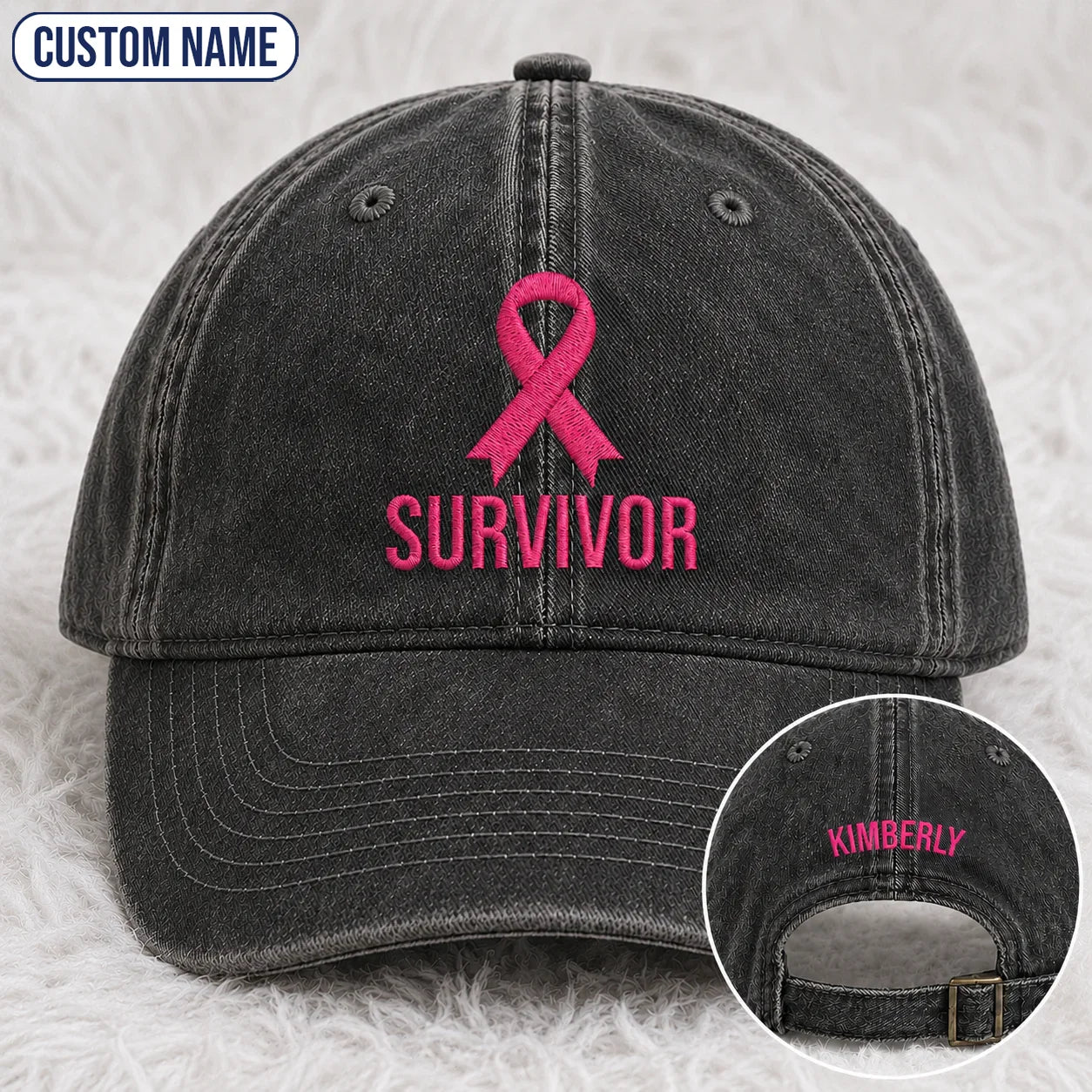 Personalized Survivor Pink Ribbon Embroidered Washed Cap, Awareness Gift