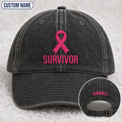 Personalized Survivor Pink Ribbon Embroidered Washed Cap, Awareness Gift